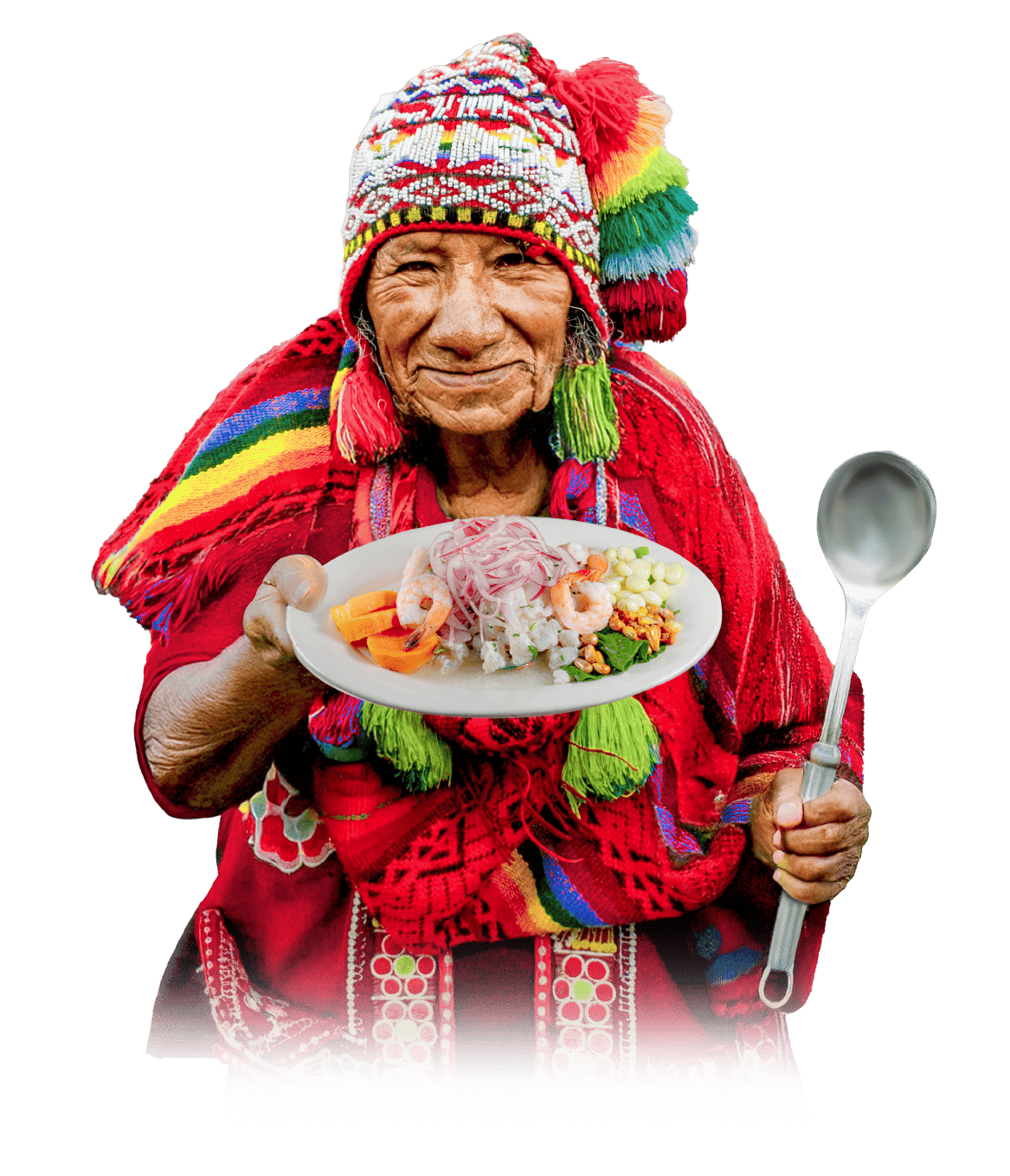 [Persona en traje típico peruano sosteniendo un plato de comida]